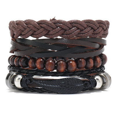 Vintage bőr karkötő Férfi többszörös szövött karkötő barna fagyöngyökkel, mint díszítő kiegészítők, húzózsinóros karkötő