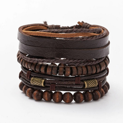 Vintage bőr karkötő Férfi többszörös szövött karkötő barna fagyöngyökkel, mint díszítő kiegészítők, húzózsinóros karkötő