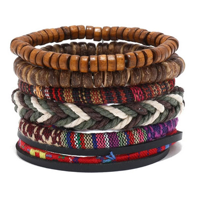 Vintage bőr karkötő Férfi többszörös szövött karkötő barna fagyöngyökkel, mint díszítő kiegészítők, húzózsinóros karkötő