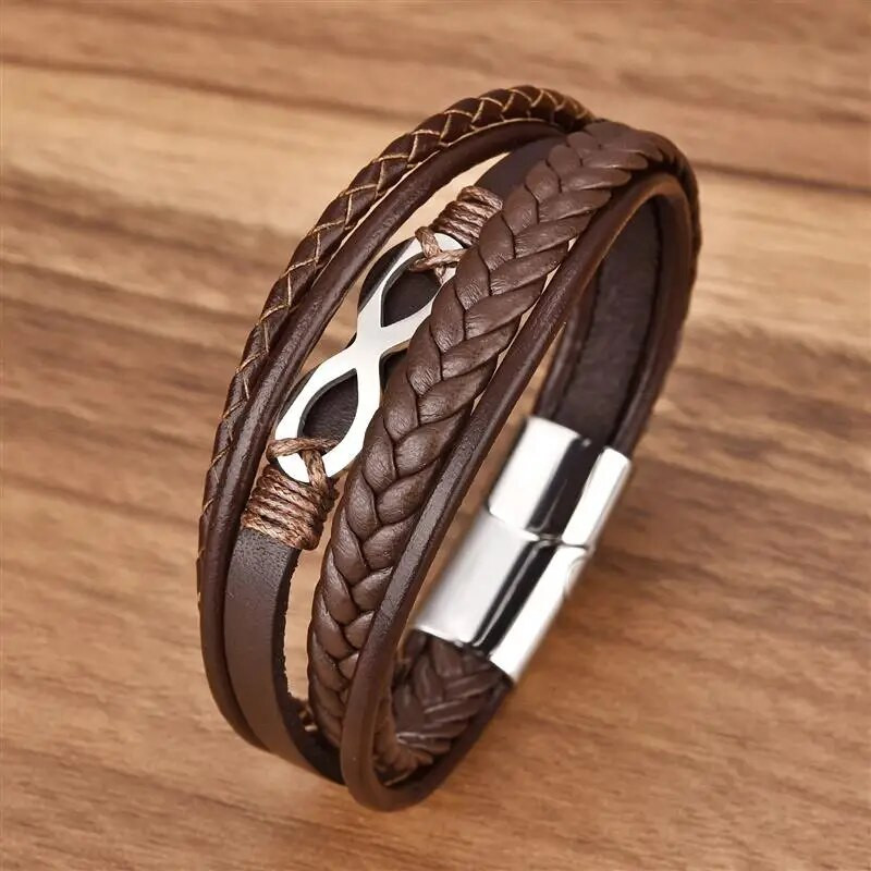 Modes vīriešu ādas rokassprādzes nerūsējošā tērauda magnēts bezgalības simbols šarms klasiskas rokassprādzes vīriešiem rotaslietas dāvana