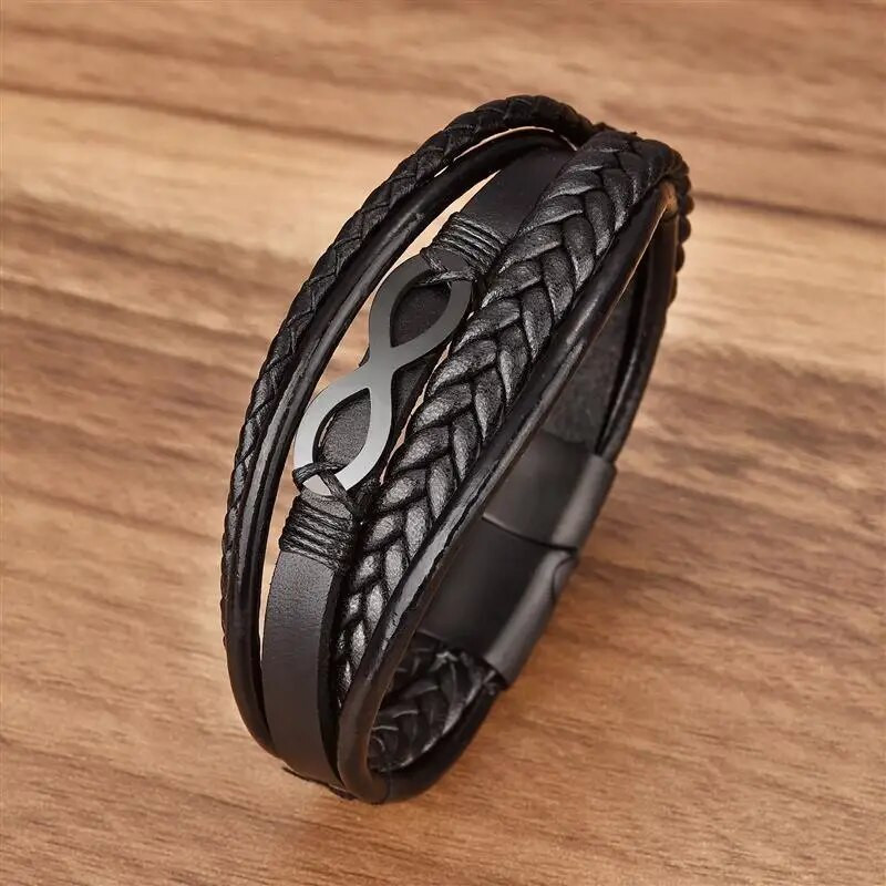 Modes vīriešu ādas rokassprādzes nerūsējošā tērauda magnēts bezgalības simbols šarms klasiskas rokassprādzes vīriešiem rotaslietas dāvana