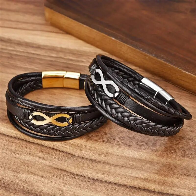 Modes vīriešu ādas rokassprādzes nerūsējošā tērauda magnēts bezgalības simbols šarms klasiskas rokassprādzes vīriešiem rotaslietas dāvana