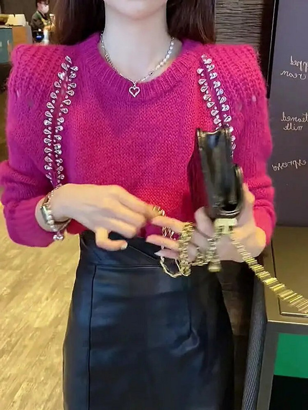 Γυναικείο μακρυμάνικο πουλόβερ Kimotimo Diamonds 2023 Φθινοπωρινό κούφιο σχέδιο με στρογγυλή λαιμόκοψη Κοντό πλεκτό γαλλικό ρετρό κομψό πουλόβερ