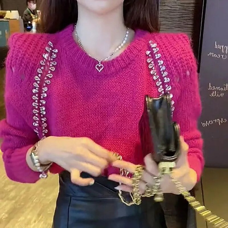 Γυναικείο μακρυμάνικο πουλόβερ Kimotimo Diamonds 2023 Φθινοπωρινό κούφιο σχέδιο με στρογγυλή λαιμόκοψη Κοντό πλεκτό γαλλικό ρετρό κομψό πουλόβερ