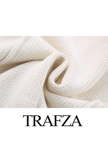 TRAFZA 2023 Обикновен плетен пуловер Дамски плетен пуловер Пуловер Скъсен топ Дамски трикотаж с О деколте и дълъг ръкав Скъсен свободен пуловер