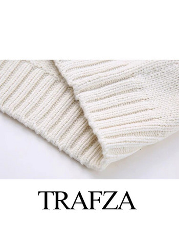 TRAFZA 2023 Обикновен плетен пуловер Дамски плетен пуловер Пуловер Скъсен топ Дамски трикотаж с О деколте и дълъг ръкав Скъсен свободен пуловер