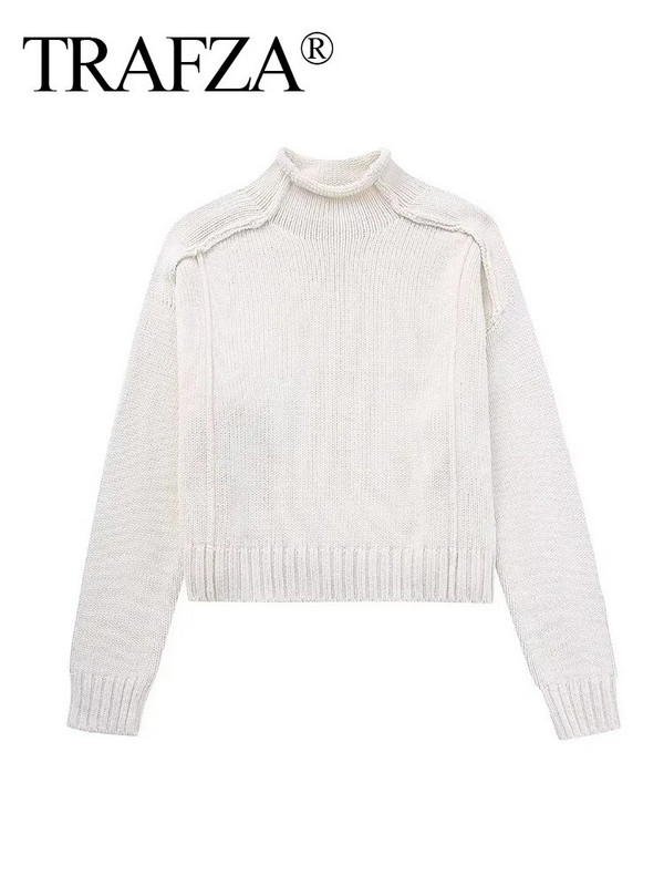 TRAFZA 2023 Lihtne silmkoeline kampsun Naiste kootud Pullover Kampsun Crop Top Naiste O kaelusega pikkade varrukatega kudum Kärbitud lahtine kampsun