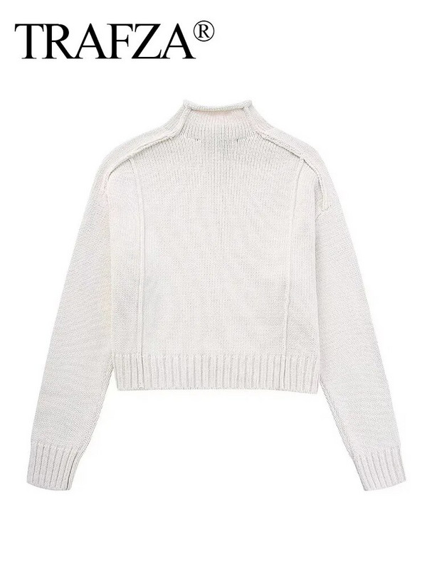 TRAFZA 2023 Lihtne silmkoeline kampsun Naiste kootud Pullover Kampsun Crop Top Naiste O kaelusega pikkade varrukatega kudum Kärbitud lahtine kampsun