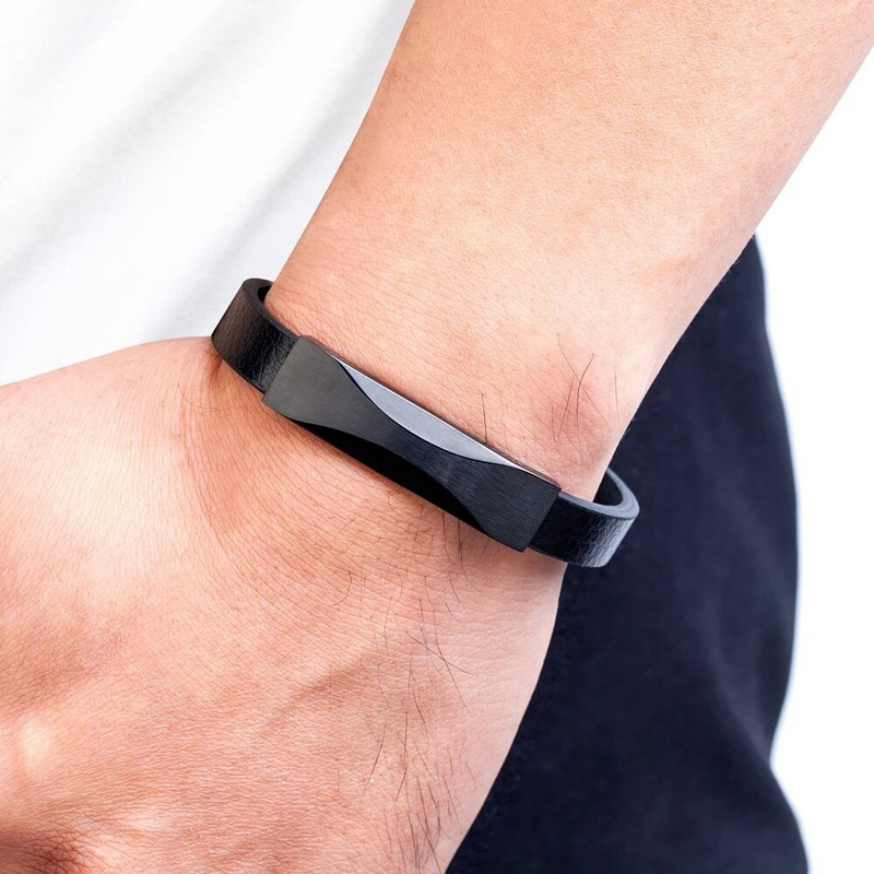 XQNI geometrikus mintás kiegészítő design rozsdamentes acél férfi bőr karkötő fekete bőr egyszerű stílusú Valentin-napi ajándék