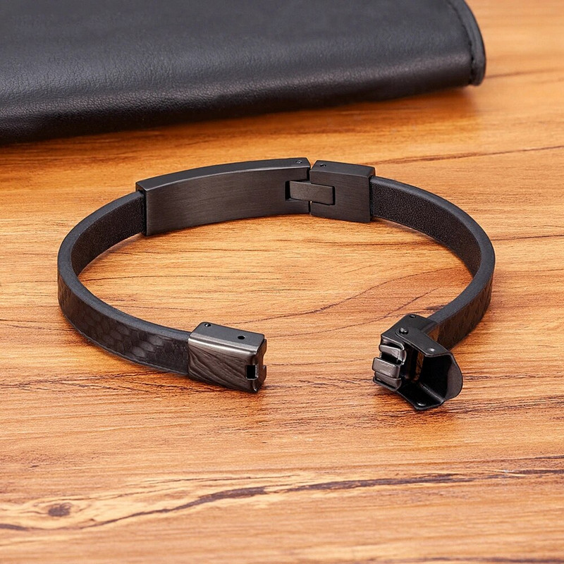 XQNI geometrikus mintás kiegészítő design rozsdamentes acél férfi bőr karkötő fekete bőr egyszerű stílusú Valentin-napi ajándék