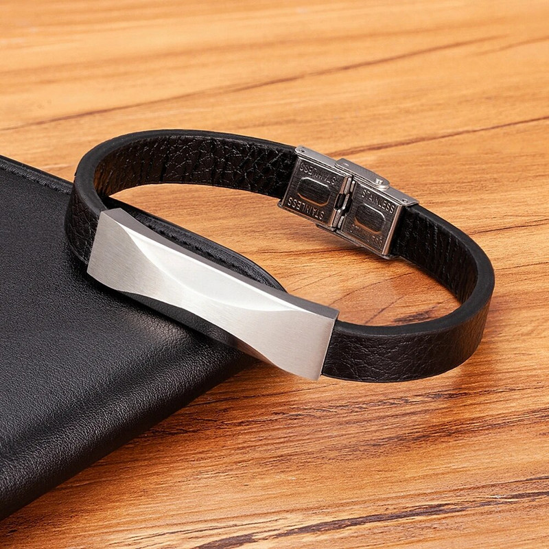 XQNI geometrikus mintás kiegészítő design rozsdamentes acél férfi bőr karkötő fekete bőr egyszerű stílusú Valentin-napi ajándék