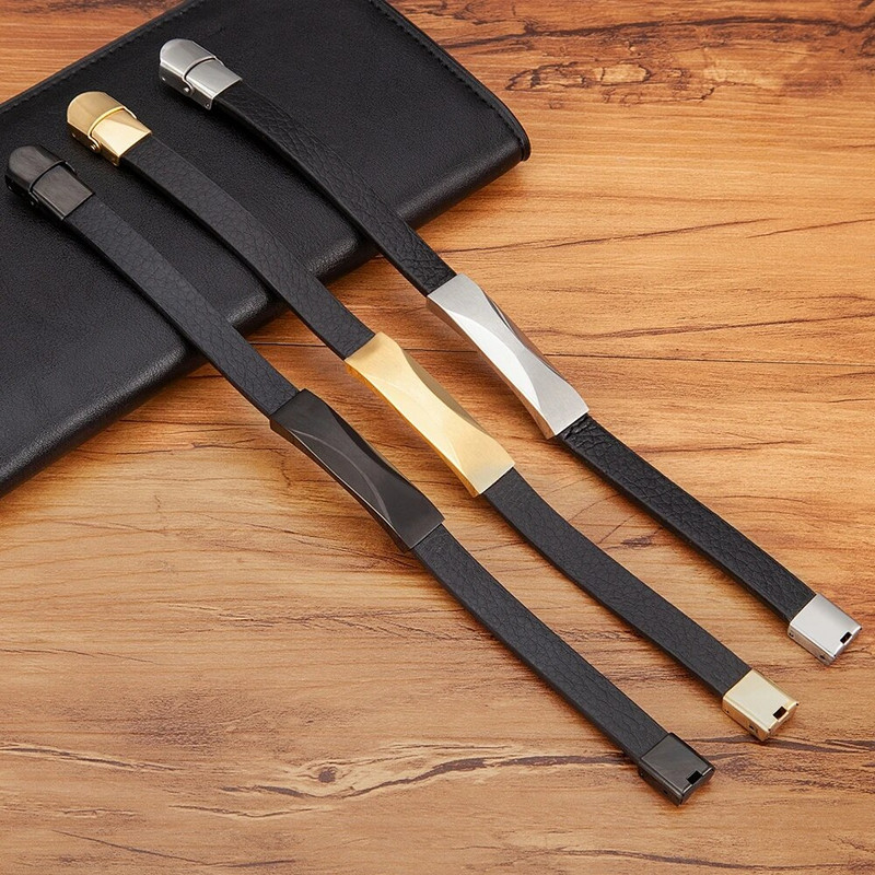 XQNI geometrikus mintás kiegészítő design rozsdamentes acél férfi bőr karkötő fekete bőr egyszerű stílusú Valentin-napi ajándék