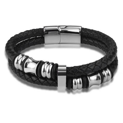 Luksusa īstas melnas ādas pērlīšu rokassprādze vīriešiem nerūsējošā tērauda magnētiska aizdare Modes panku daudzslāņu rokassprādzes vīriešu rotaslietas