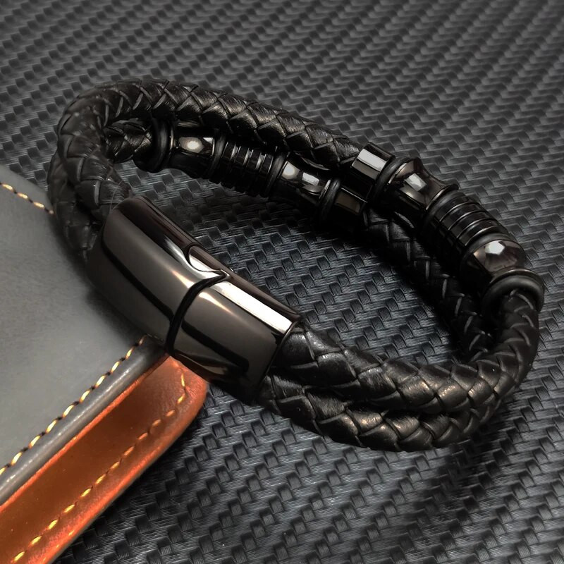 Luksusa īstas melnas ādas pērlīšu rokassprādze vīriešiem nerūsējošā tērauda magnētiska aizdare Modes panku daudzslāņu rokassprādzes vīriešu rotaslietas