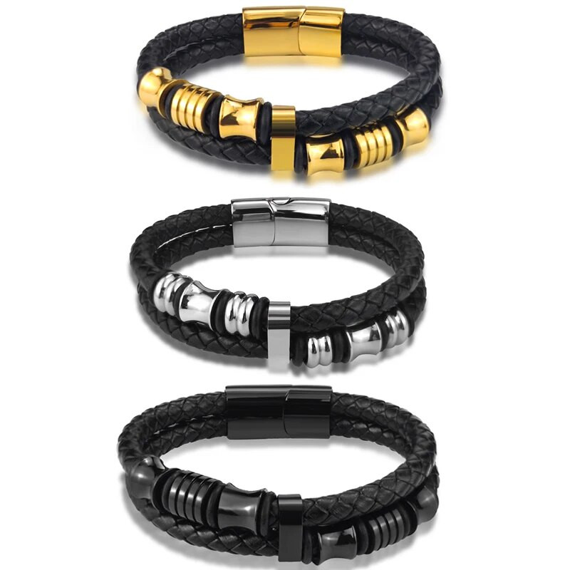 Luksusa īstas melnas ādas pērlīšu rokassprādze vīriešiem nerūsējošā tērauda magnētiska aizdare Modes panku daudzslāņu rokassprādzes vīriešu rotaslietas