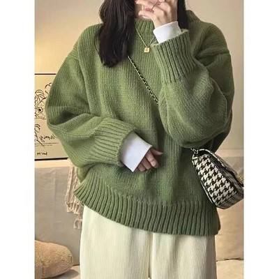 Green Baggy Pulovers Solid džemperi Ikdienišķa Garām piedurknēm Rudens Trikotāžas Apģērbi Pull Femme Vispārpiemērots Elegants Jauki Estētisks