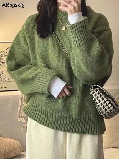 Green Baggy Megztiniai Solidūs Megztiniai Laisvalaikiai ilgomis rankovėmis Rudens trikotažas Drabužiai Pull Femme Visiškai atitinkantys Elegantiška Graži estetika