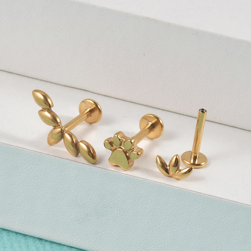 1PC Вътрешна резба Marquise от хирургическа стомана Позлатено ухо Трагус хрущял Пиърсинг Helix Обеца Labret Устни Шипове Бижута