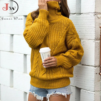 Дамски голям пуловер Свободна есенно-зимна водолазка Елегантни плетени топли пуловери Модни едноцветни горнища от трикотажни дрехи