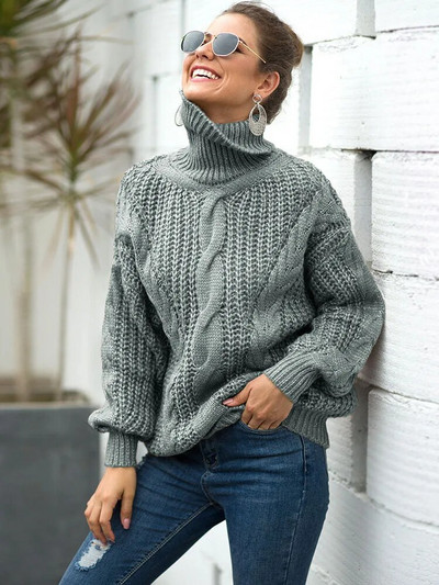 Női Túlméretes pulóver Bő őszi Téli garbó Elegáns kötött meleg pulóverek Divat tömör felsők Kötött pulóver