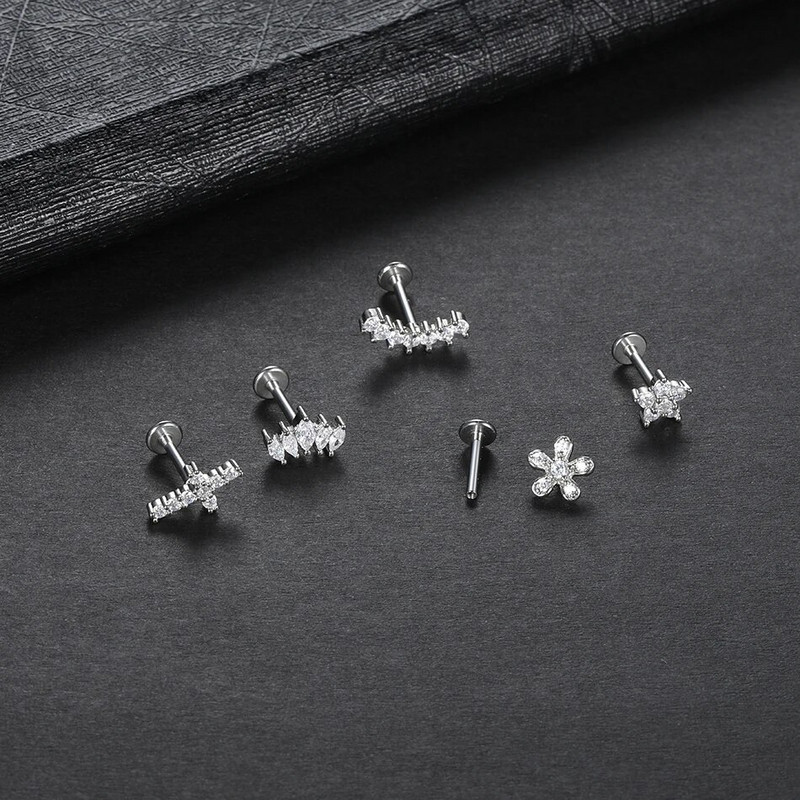 1 бр. Пръстен за лабрет от неръждаема стомана с вътрешна резба за ухо Трагус Кристална кръстосана хрущялна шпилка за ухо Helix Пиърсинг Бижута за тяло 16G