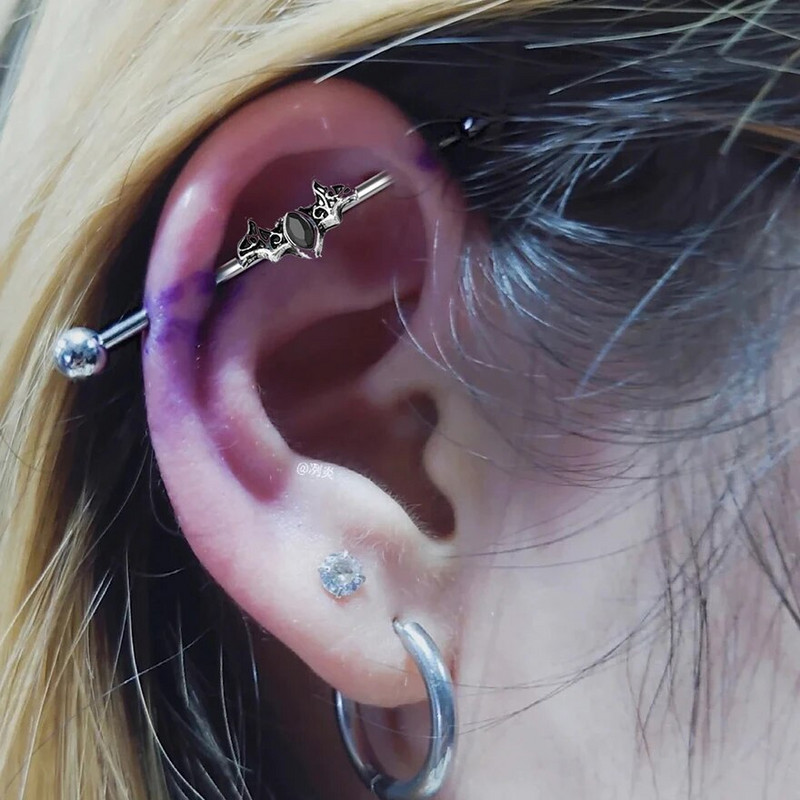 Gothic Bat Industrial Pīrsings Auskars Nerūsējošā tērauda Rūpnieciskā stienis Skrimšļa Pīrsings Helovīna ballīte Ķermeņa rotaslietas