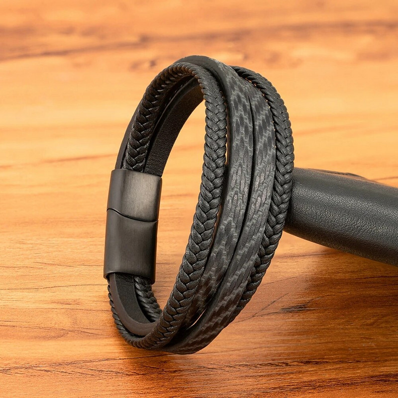 XQNI Fashion Punk Design vīriešu ādas rokassprādze Ar rokām austas daudzslāņu kombinētais aksesuārs nerūsējošā tērauda aproces rotaslietas