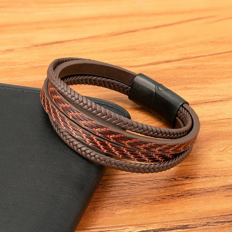 XQNI Fashion Punk Design vīriešu ādas rokassprādze Ar rokām austas daudzslāņu kombinētais aksesuārs nerūsējošā tērauda aproces rotaslietas