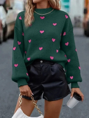 2023 Есенен Дамски пуловер с бродерия Сърце Y2k O деколте Kawaii Моден пуловер Свободен джъмпер с дълъг ръкав с фенер Трикотаж Женски