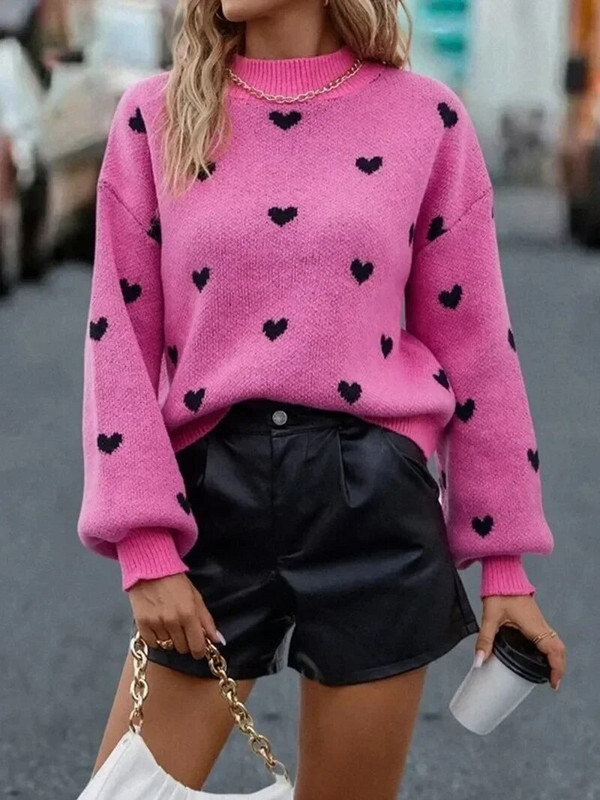 Jesen 2023. Ženski pulover s vezom u obliku srca Y2K O izrez Kawaii modni pulover Široki džemper dugih lanterna rukava Ženska pletenina