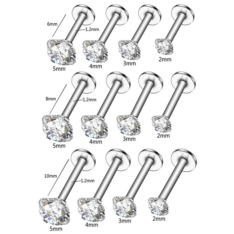 1 τμχ Zircon Labret Piercing για γυναίκες Σκουλαρίκια για τα χείλη για τα νύχια της μύτης Tragus Helix Σκουλαρίκι τρυπήματος στο αυτί Stud από ανοξείδωτο ατσάλι για σώμα