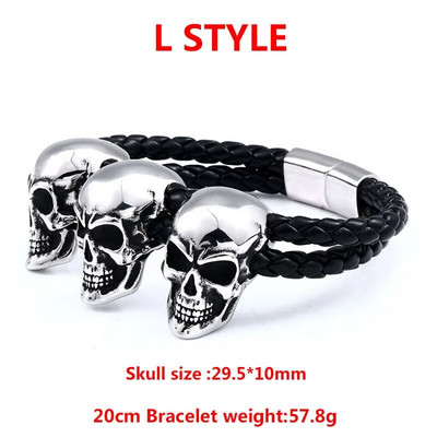 Δώρο κοσμημάτων υψηλής ποιότητας BEIER 316L από ανοξείδωτο ατσάλι Punk Triple Skull Leather Ανδρικό Bangle Rock Biker