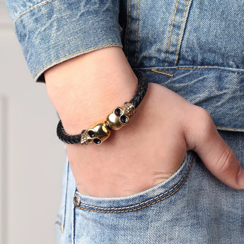 XQNI Retail Fashion īstas ādas Punk Skull Man rokassprādzes un rokassprādzes modes rokassprādze vīriešu rotaslietām ar krāsu aizsardzību