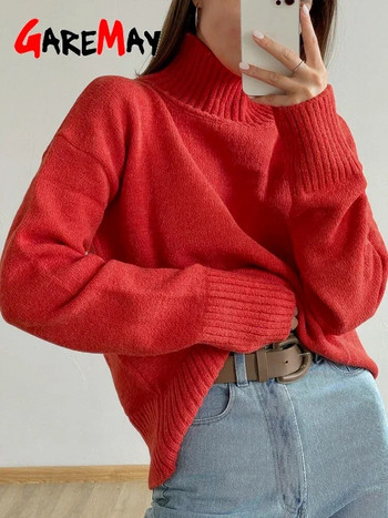 Бял дамски пуловер с висока яка Основен мек червен плетен пуловер с дълъг ръкав Класически едноцветни реколта зимни пуловери за жени