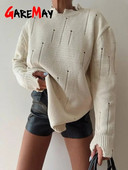 Rudens ziemas džemperis ar garām piedurknēm ar caurumiem sievietēm Ikdienišķs Oversize apaļa kakla džemperis, brīvs sieviešu trikotāžas džemperis