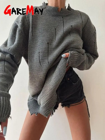 Есенно-зимен пуловер с дълъг ръкав и дупки за жени Ежедневен пуловер с кръгло деколте, свободен дамски плетен пуловер
