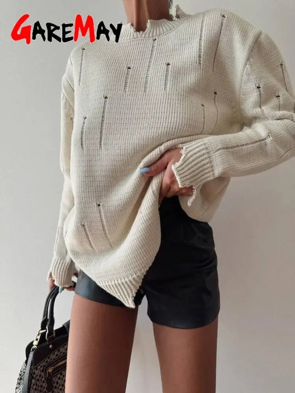 Rudens ziemas džemperis ar garām piedurknēm ar caurumiem sievietēm Ikdienišķs Oversize apaļa kakla džemperis, brīvs sieviešu trikotāžas džemperis