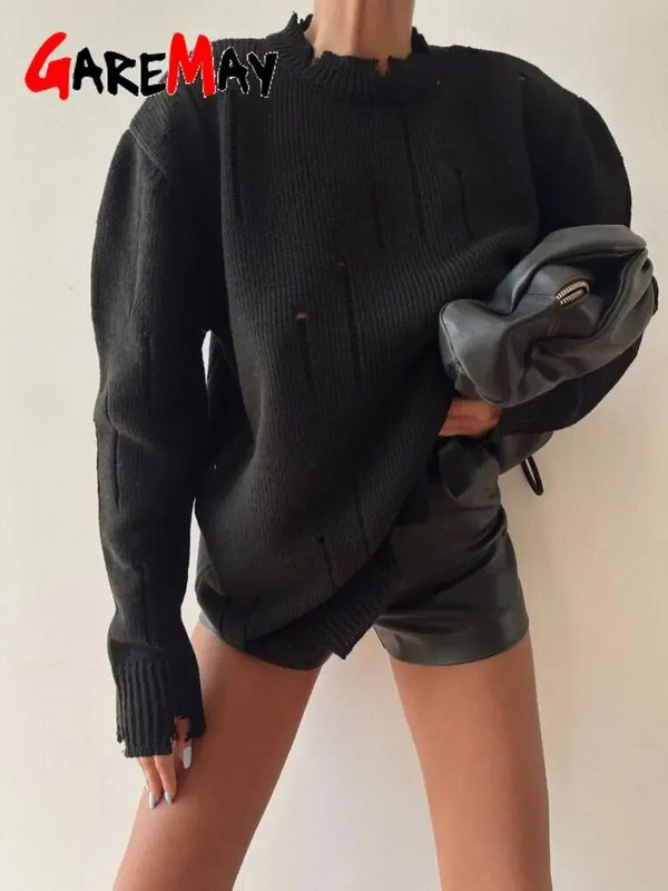 Rudens ziemas džemperis ar garām piedurknēm ar caurumiem sievietēm Ikdienišķs Oversize apaļa kakla džemperis, brīvs sieviešu trikotāžas džemperis