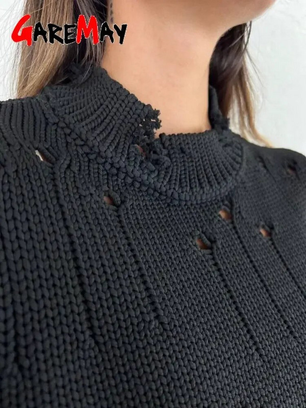 Rudens ziemas džemperis ar garām piedurknēm ar caurumiem sievietēm Ikdienišķs Oversize apaļa kakla džemperis, brīvs sieviešu trikotāžas džemperis