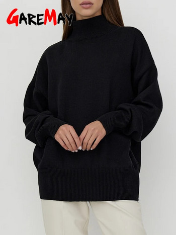 Есен 2023 Основен дамски пуловер с висока яка Бял овърсайз ретро пуловер с дълъг ръкав Едноцветни класически пуловери за жени Пуловер