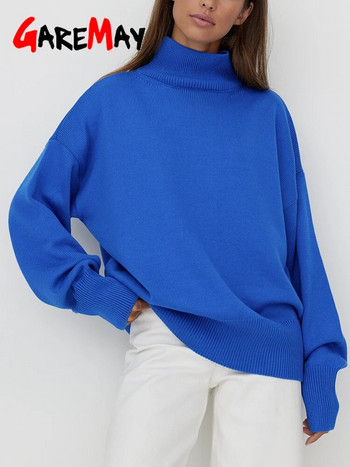 Есен 2023 Основен дамски пуловер с висока яка Бял овърсайз ретро пуловер с дълъг ръкав Едноцветни класически пуловери за жени Пуловер