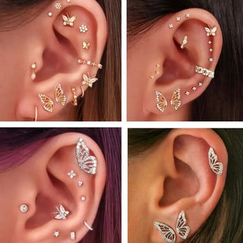 Пиърсинг за уши с пеперуда за жени Helix Lobe Piercing Обеци на шипове Цирконий Обеца с крила на пеперуда Романтични бижута в корейски стил