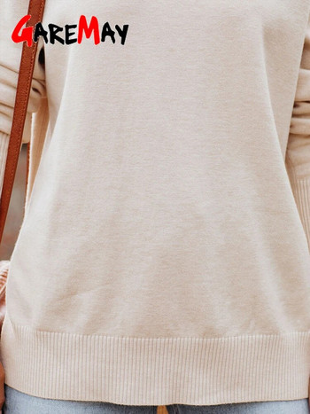 Бежов дамски пуловер с висока яка Дамски пуловер с дълъг ръкав зима 2023 Ежедневни топове Бял пуловер Плетен джъмпер Нов