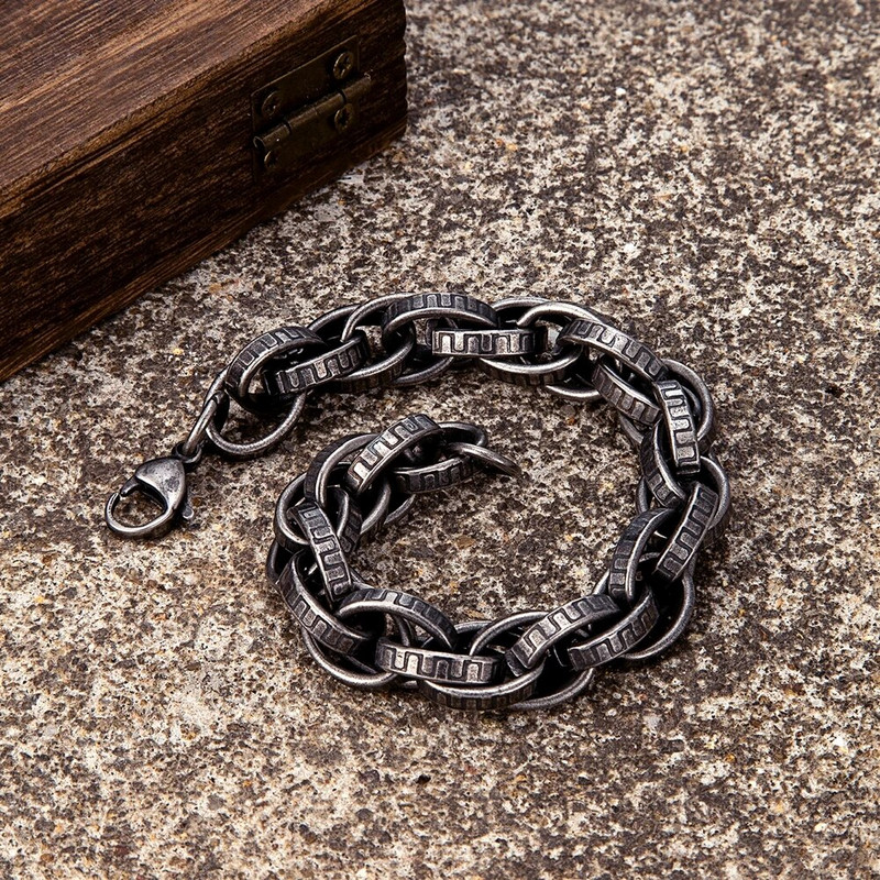 MKENDN gotikas stils vīriešiem nerūsējošais tērauds radošs retro oksidēts melns zobains motociklistu ķēdes rokassprādzes pankroka vīriešu rotaslietas