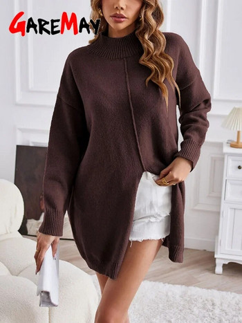 2023 Голям пуловер с дълъг ръкав Дамски ежедневен дълъг пуловер с висока яка и цепка Есен Зима Топъл свободен плетен пуловер