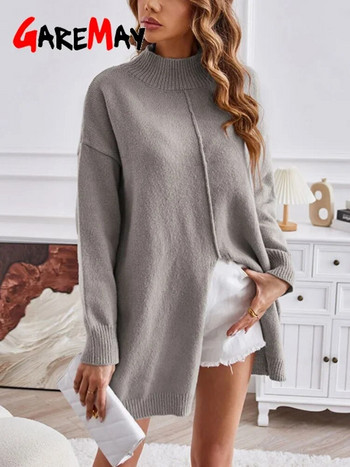 2023 Голям пуловер с дълъг ръкав Дамски ежедневен дълъг пуловер с висока яка и цепка Есен Зима Топъл свободен плетен пуловер