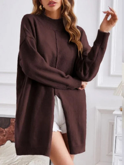 2023 Μακρυμάνικο υπερμεγέθη πουλόβερ Γυναικείο περιστασιακό μακρύ πουλόβερ με ζιβάγκο με σκίσιμο Φθινοπωρινό Χειμώνα Ζεστό χαλαρό πλεκτό πουλόβερ