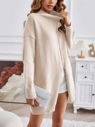 2023 Μακρυμάνικο υπερμεγέθη πουλόβερ Γυναικείο περιστασιακό μακρύ πουλόβερ με ζιβάγκο με σκίσιμο Φθινοπωρινό Χειμώνα Ζεστό χαλαρό πλεκτό πουλόβερ