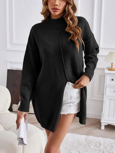 2023 Μακρυμάνικο υπερμεγέθη πουλόβερ Γυναικείο περιστασιακό μακρύ πουλόβερ με ζιβάγκο με σκίσιμο Φθινοπωρινό Χειμώνα Ζεστό χαλαρό πλεκτό πουλόβερ