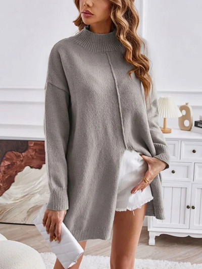 2023 Μακρυμάνικο υπερμεγέθη πουλόβερ Γυναικείο περιστασιακό μακρύ πουλόβερ με ζιβάγκο με σκίσιμο Φθινοπωρινό Χειμώνα Ζεστό χαλαρό πλεκτό πουλόβερ